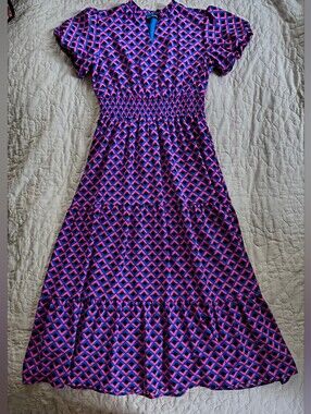 Women's Mascomoda Smocked Waist Maxi Dress in Pink & Blue Geometric Print.
